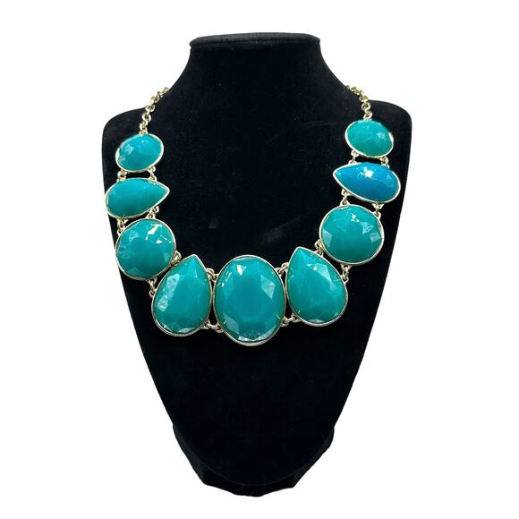 Teal and Gold Tone Chunky Statement Necklace Round and Teardrop Jewelry Glam - Picture 1 of 6